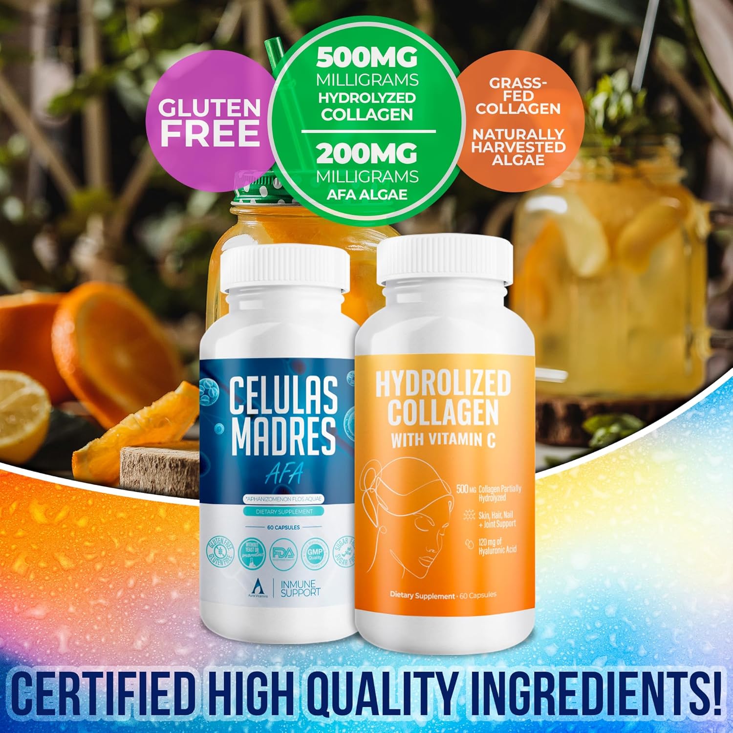 AURA VITAMINS Hydrolyzed Collagen & AFA Stem Cell Antioxidant Bundle for Skin, Hair, and Nails - 120 Capsules