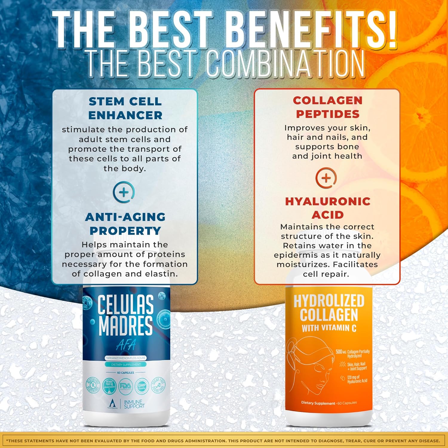 AURA VITAMINS Hydrolyzed Collagen & AFA Stem Cell Antioxidant Bundle for Skin, Hair, and Nails - 120 Capsules