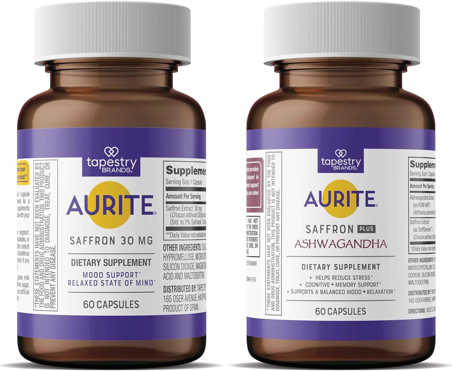 Aurite Stress Management Bundle: Ashwagandha & Saffron Supplements for Mood Support and Memory - Vegetarian, Non-GMO, Gluten & Soy-Free