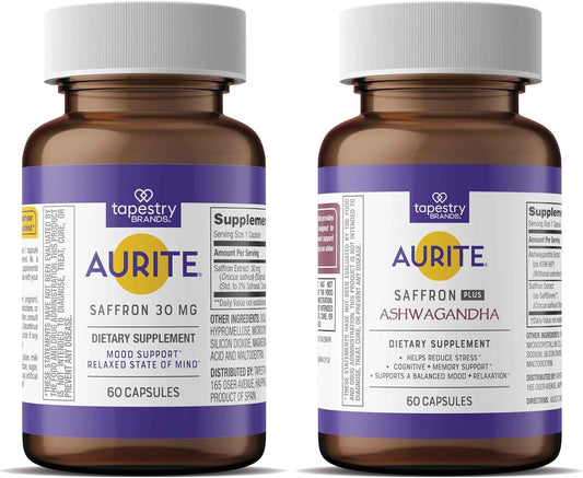 Aurite Stress Management Bundle: Ashwagandha & Saffron Supplements for Mood Support and Memory - Vegetarian, Non-GMO, Gluten & Soy-Free