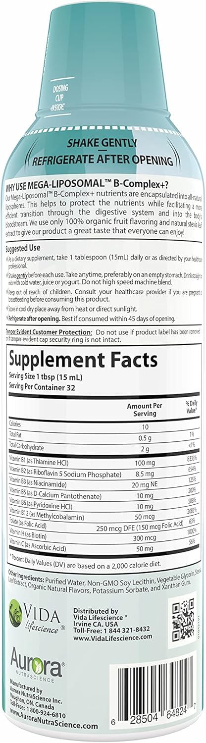 Aurora Nutrascience Mega-Liposomal B-Complex + Vitamin C Liquid Supplement 16 fl oz - Energy, Immune & Nervous System Support