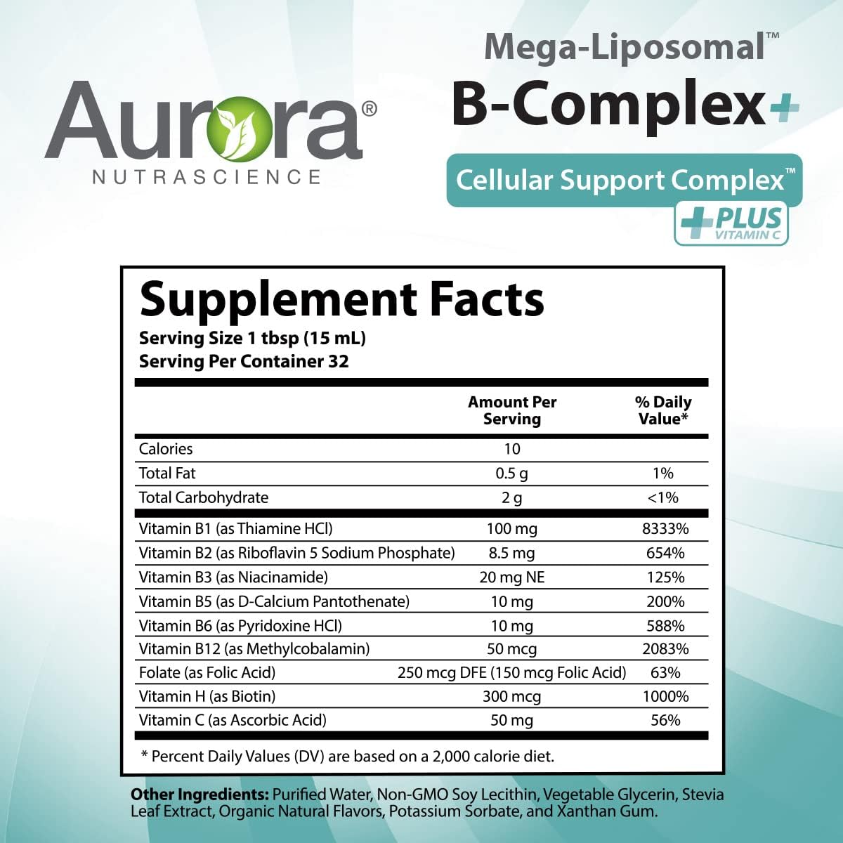Aurora Nutrascience Mega-Liposomal B-Complex + Vitamin C Liquid Supplement 16 fl oz - Energy, Immune & Nervous System Support