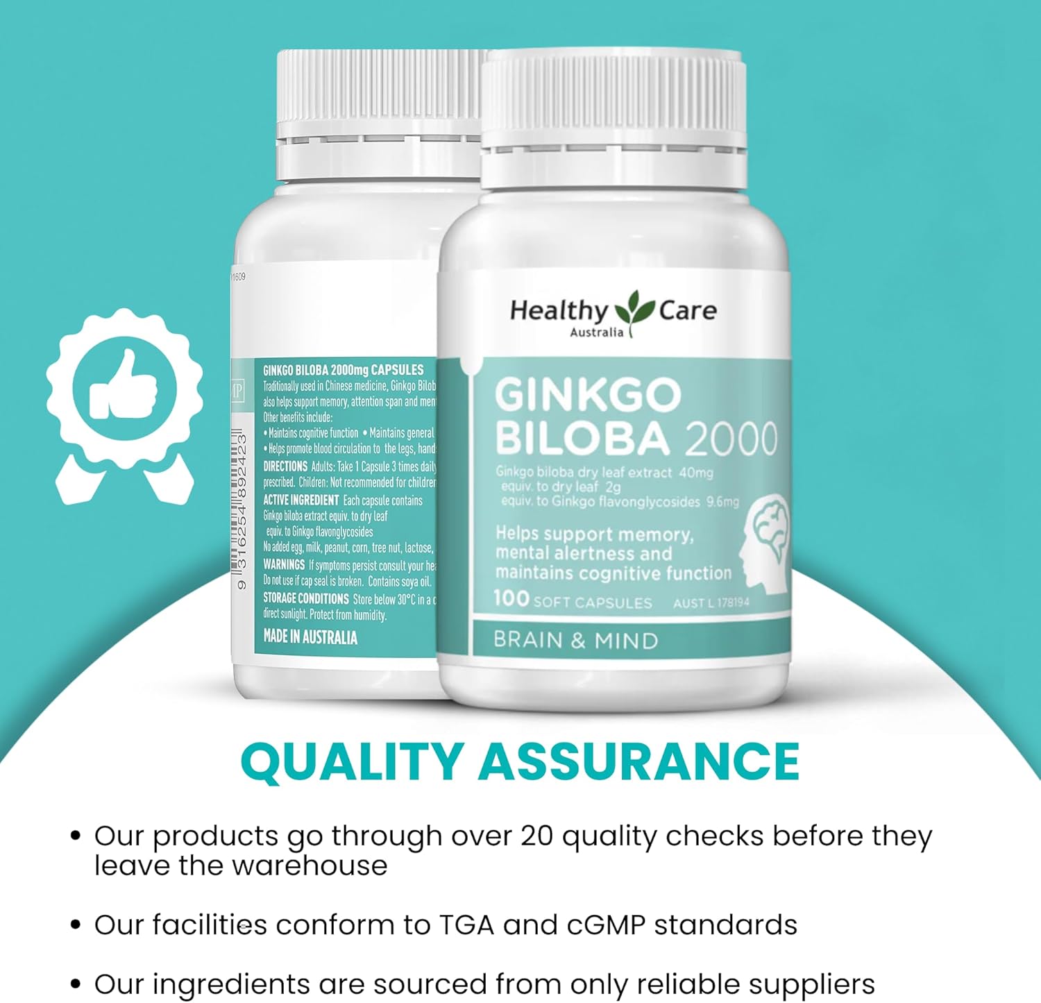 Australian Made Ginkgo Biloba Capsules - 2000mg - 100 Count - Promotes Healthy Care