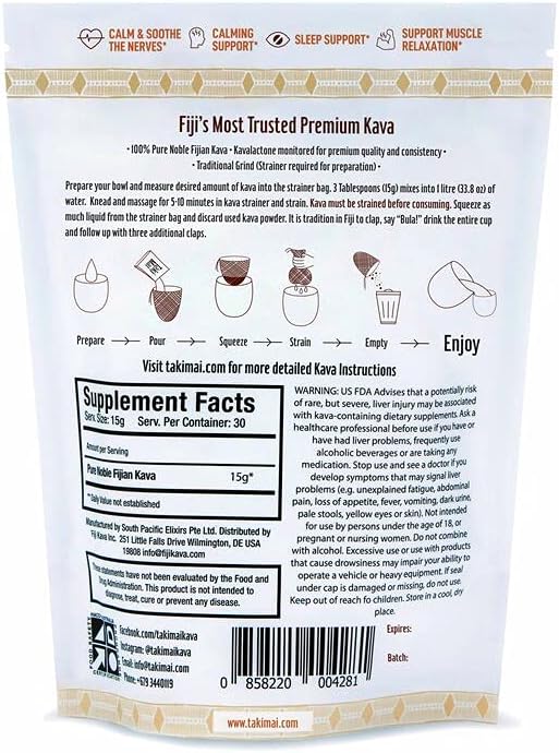 Authentic Fiji Kava Root Powder - Traditional Grind, High Kavalactone Content for Relaxation, Stress Relief, and Sleep Support - 16 Oz Pack - Easy to Prepare