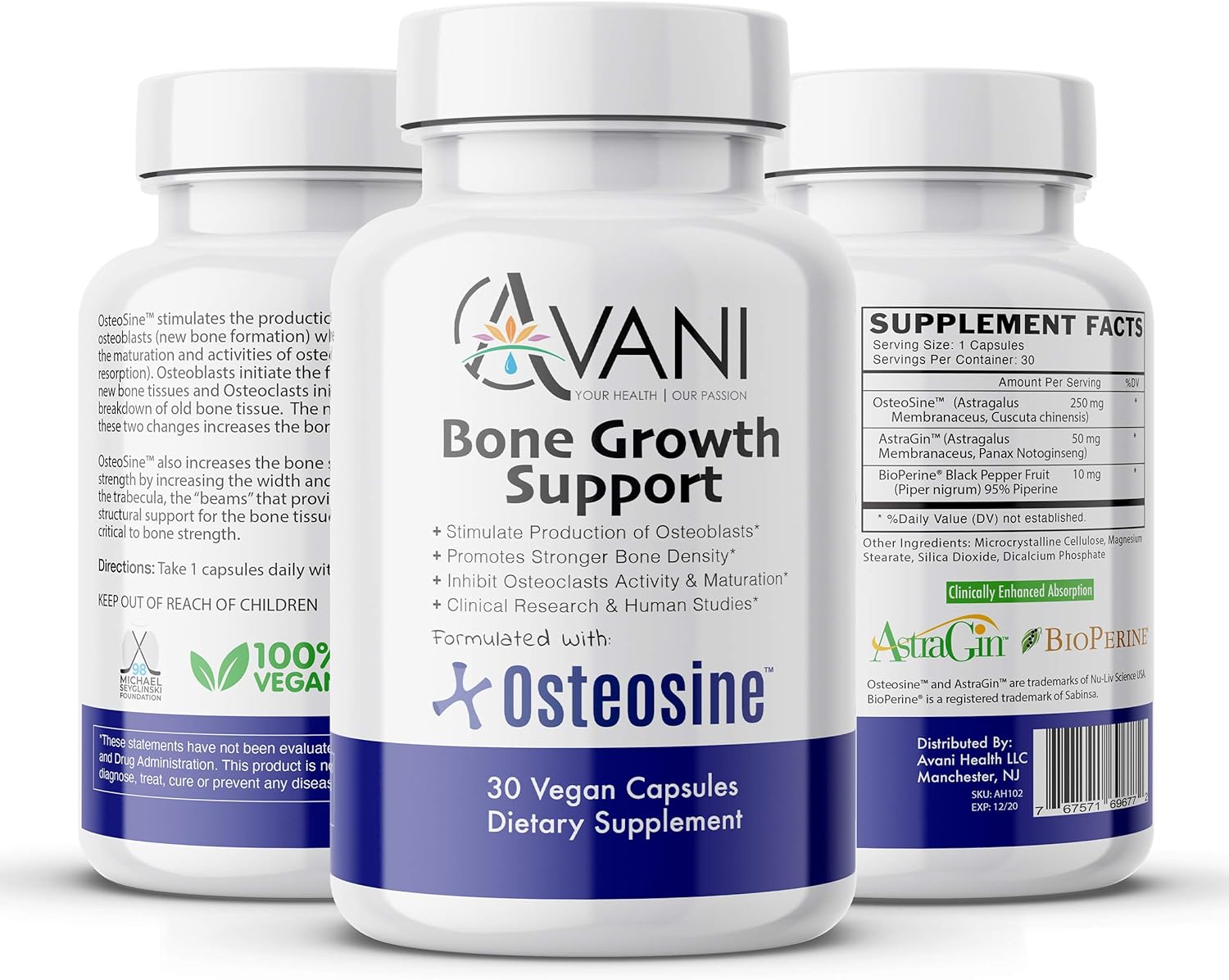 Avani Health Osteosine Bone Growth Support Supplement with BioPerine and AstraGin - Gluten Free - 30 Vegan Capsules for Stronger Bones and Increased Calcium Levels