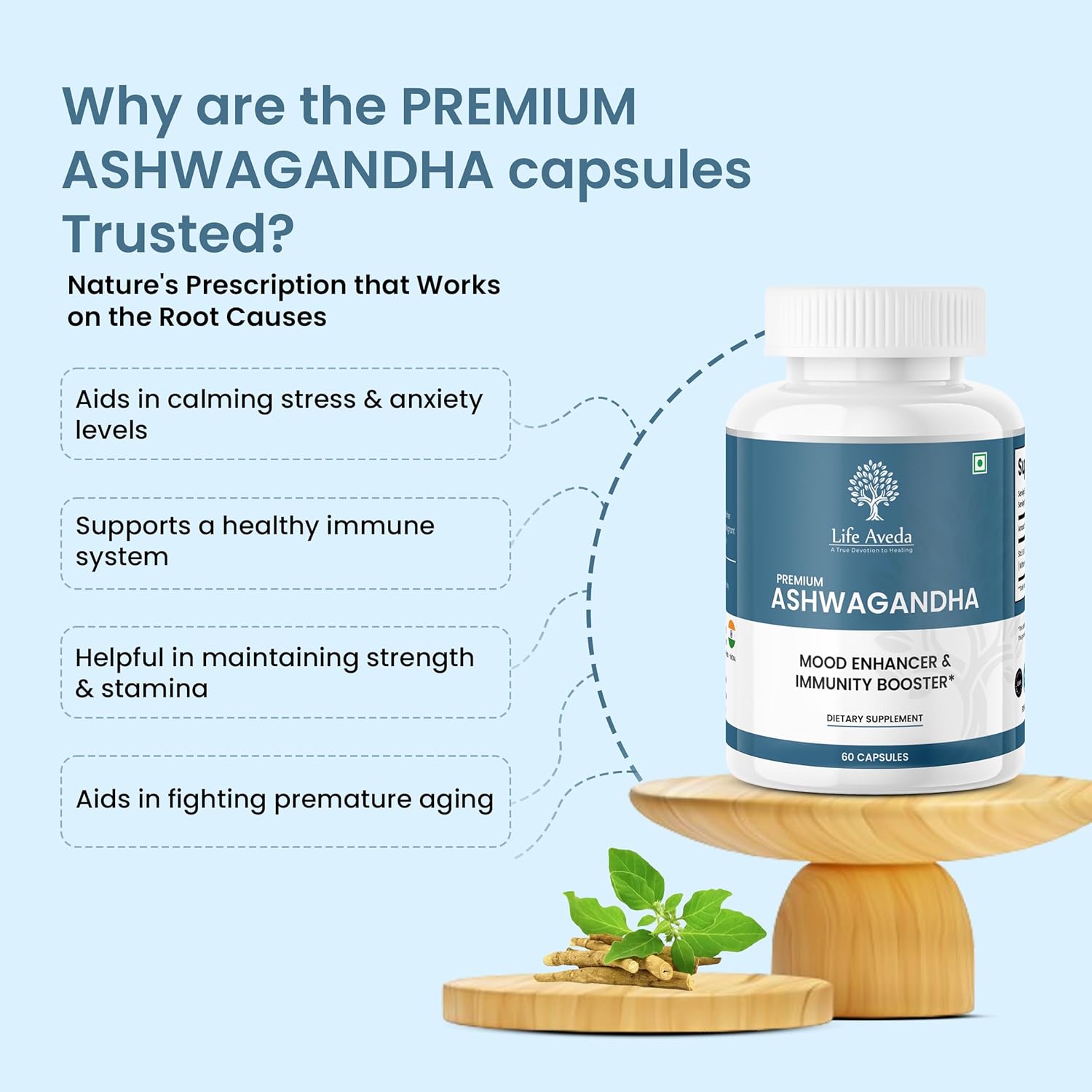 Aveda Ashwagandha Capsules 500mg - Herbal Supplement for Adults - 60 Capsules (1-Month Supply)