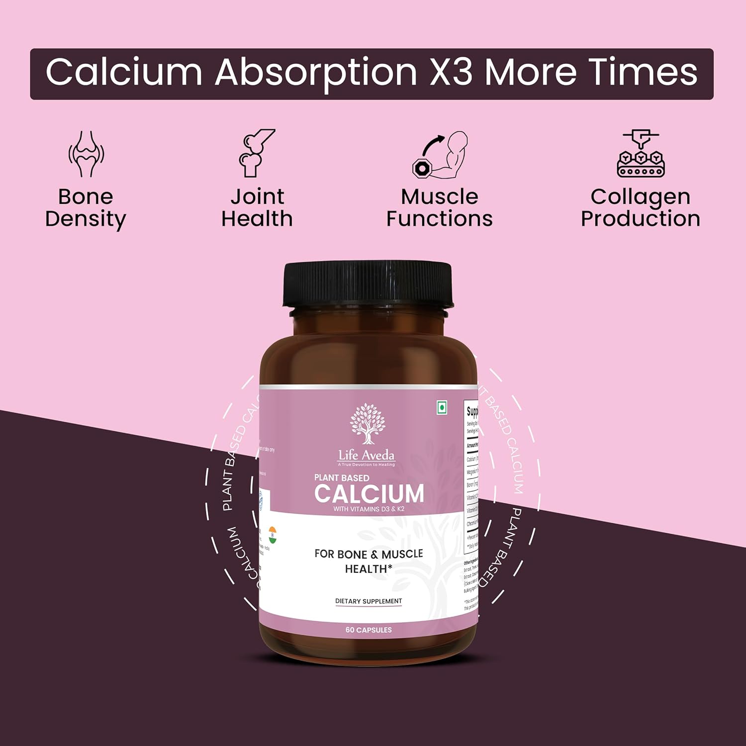 Aveda Plant-Based Calcium Supplement with Vitamin D3, K2, Magnesium | 500mg | Bone, Joint, Teeth, Muscle Support | 60 Veg Capsules | 3X Calcium Absorption | Men & Women