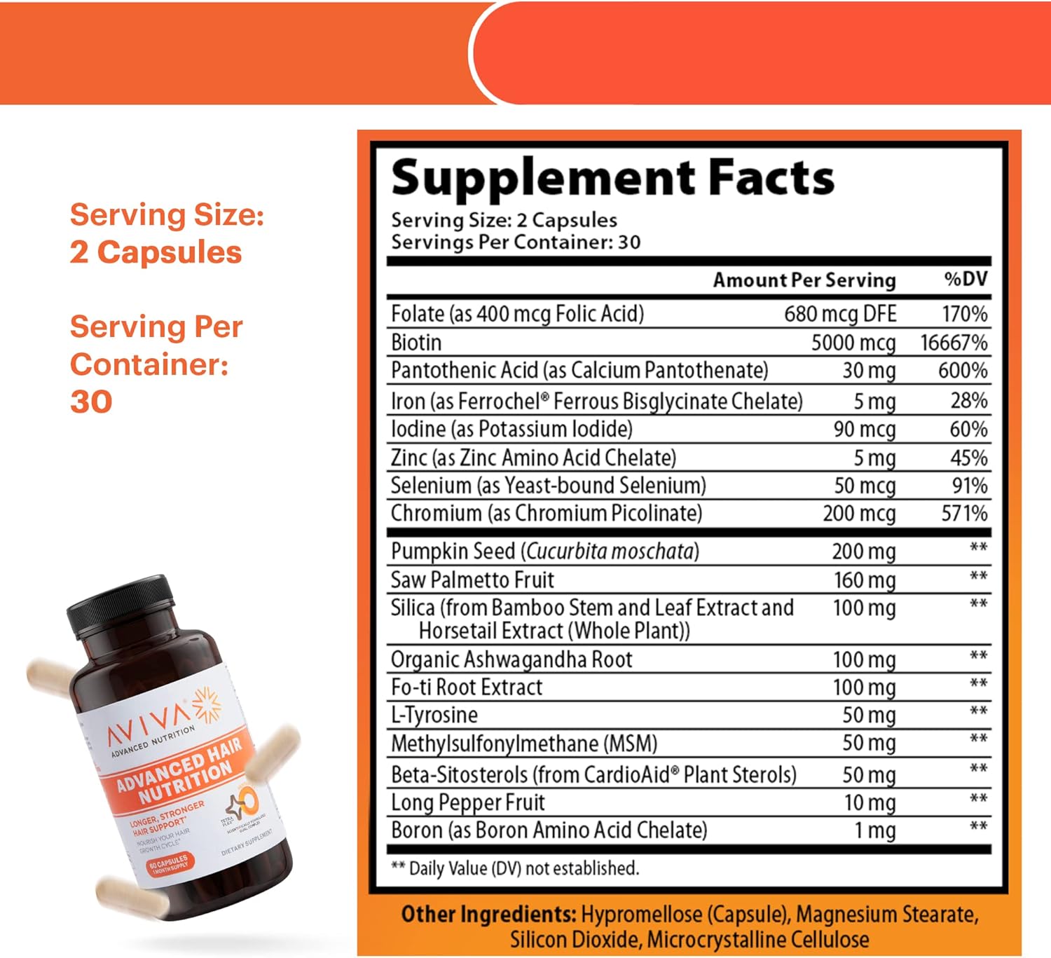Aviva Advanced Hair Nutrition Vitamins - 60 Capsules for Thicker Hair - Biotin 5000mcg with Essential Oils
