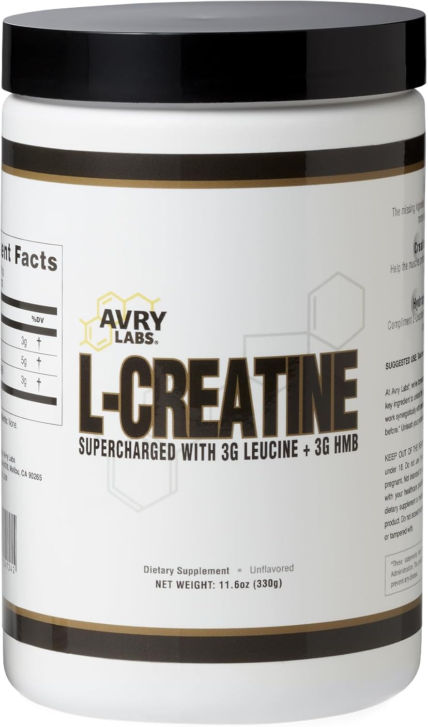 Avry Labs Vegan L-CREATINE Powder with Leucine and HMB for Muscle Strength and Recovery - Supports Performance and Fat Reduction - 11oz (330g)