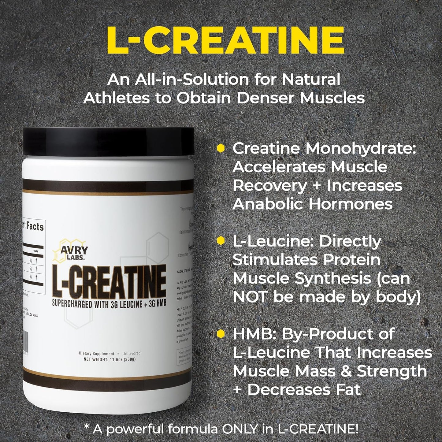 Avry Labs Vegan L-CREATINE Powder with Leucine and HMB for Muscle Strength and Recovery - Supports Performance and Fat Reduction - 11oz (330g)