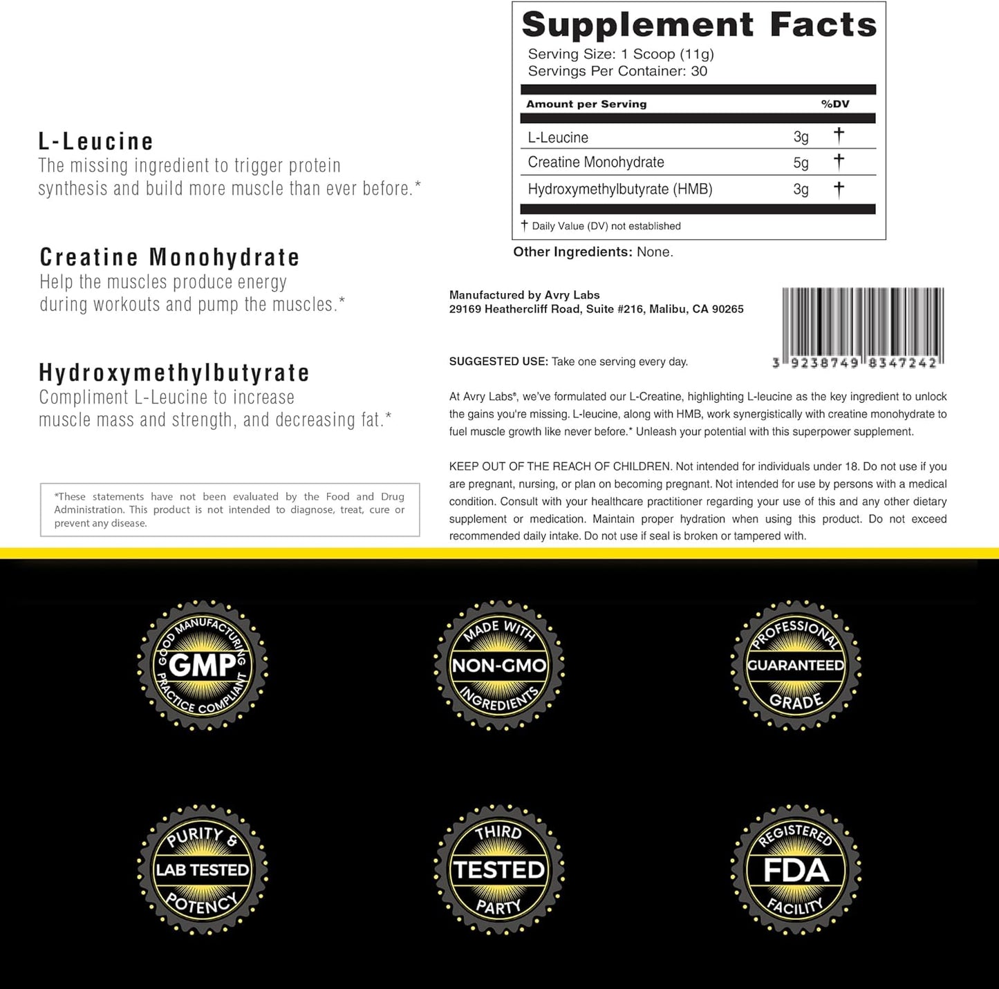 Avry Labs Vegan L-CREATINE Powder with Leucine and HMB for Muscle Strength and Recovery - Supports Performance and Fat Reduction - 11oz (330g)