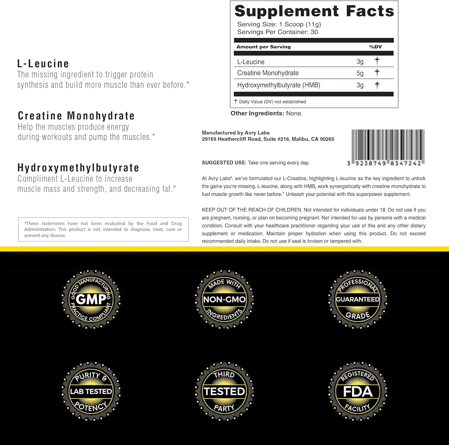 Avry Labs Vegan L-CREATINE Powder with Leucine and HMB for Muscle Strength and Recovery - Supports Performance and Fat Reduction - 11oz (330g)
