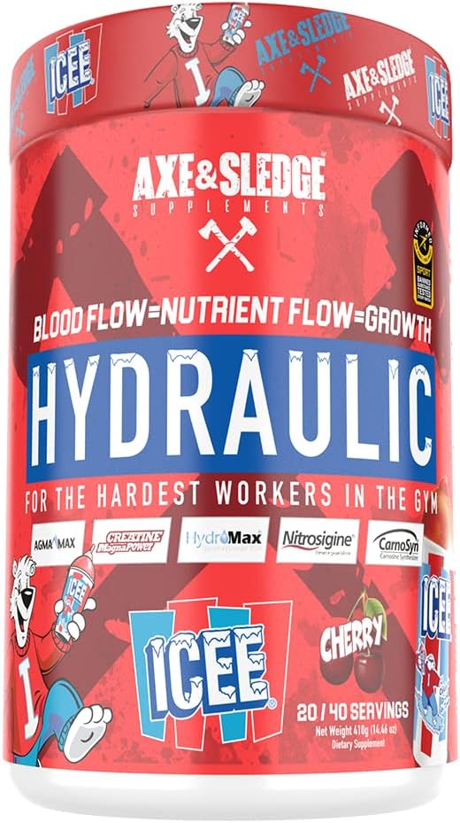 Axe & Sledge Hydraulic Stimulant-Free Pre-Workout Powder - ICEE Cherry Flavor, 1 Count, 20/40 Servings