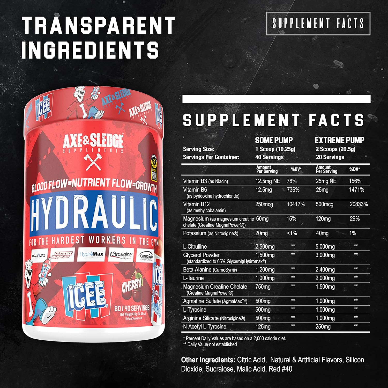 Axe & Sledge Hydraulic Stimulant-Free Pre-Workout Powder - ICEE Cherry Flavor, 1 Count, 20/40 Servings