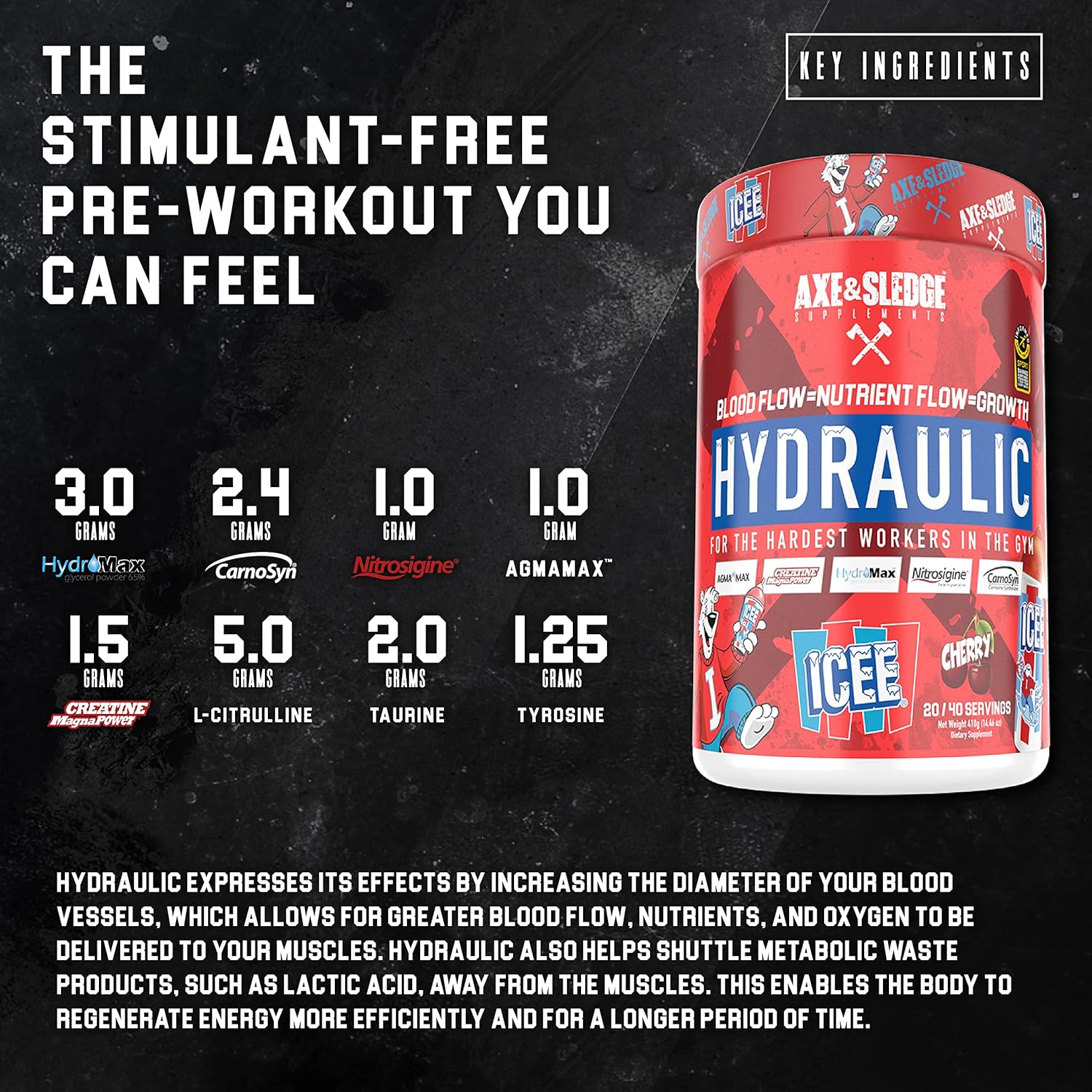 Axe & Sledge Hydraulic Stimulant-Free Pre-Workout Powder - ICEE Cherry Flavor, 1 Count, 20/40 Servings