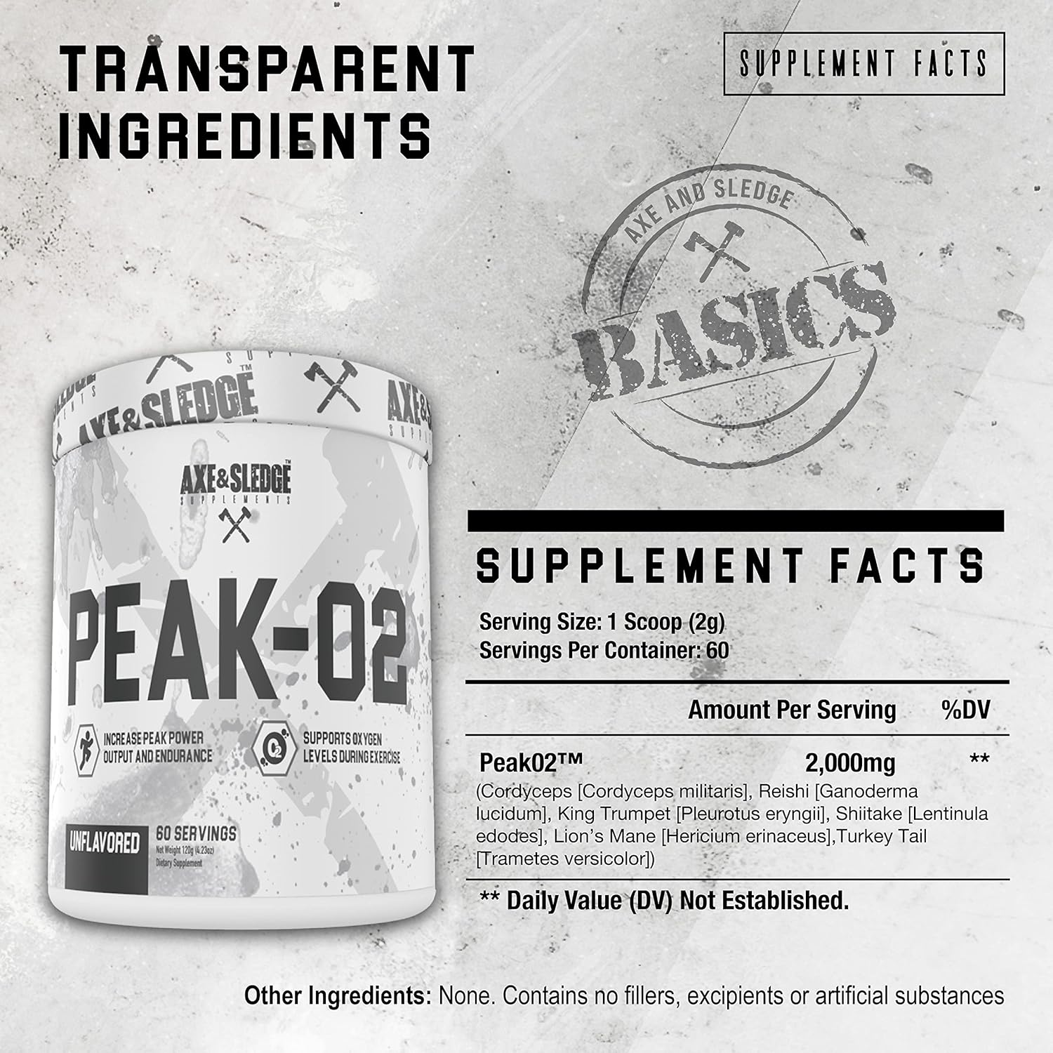 Axe & Sledge Supplements Peak-O2 Basics Powder - Unflavored, Supports Exercise Performance and Endurance, 60 Servings, No Artificial Ingredients