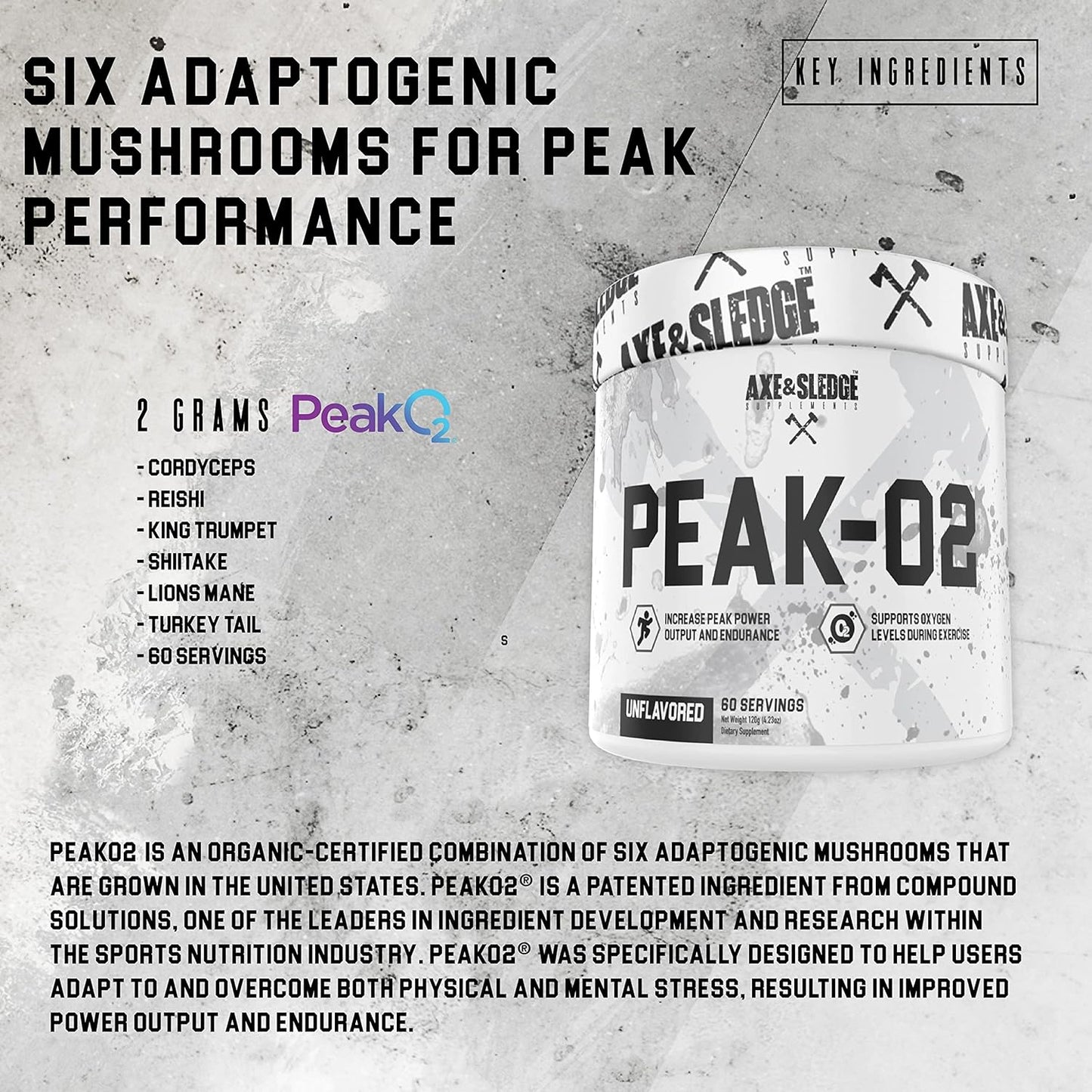 Axe & Sledge Supplements Peak-O2 Basics Powder - Unflavored, Supports Exercise Performance and Endurance, 60 Servings, No Artificial Ingredients
