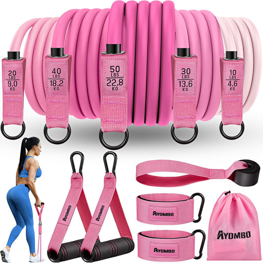 Ayombo Resistance Bands Set with Handles, Door Anchor, Ankle Straps - Home Gym Workout Equipment for Women - Fitness and Physical Therapy Training to Shape Body