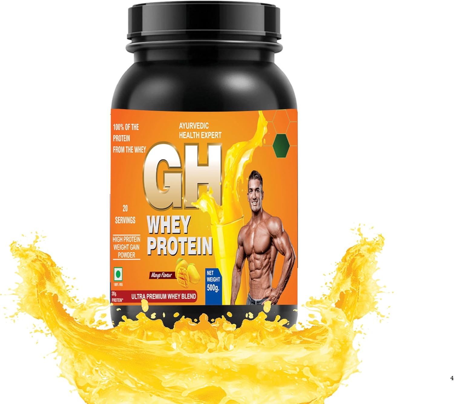 AYURVEDIC GH WHEY Protein Powder for Lean Muscle Growth and Recovery - Mango Flavor (1.1lbs)
