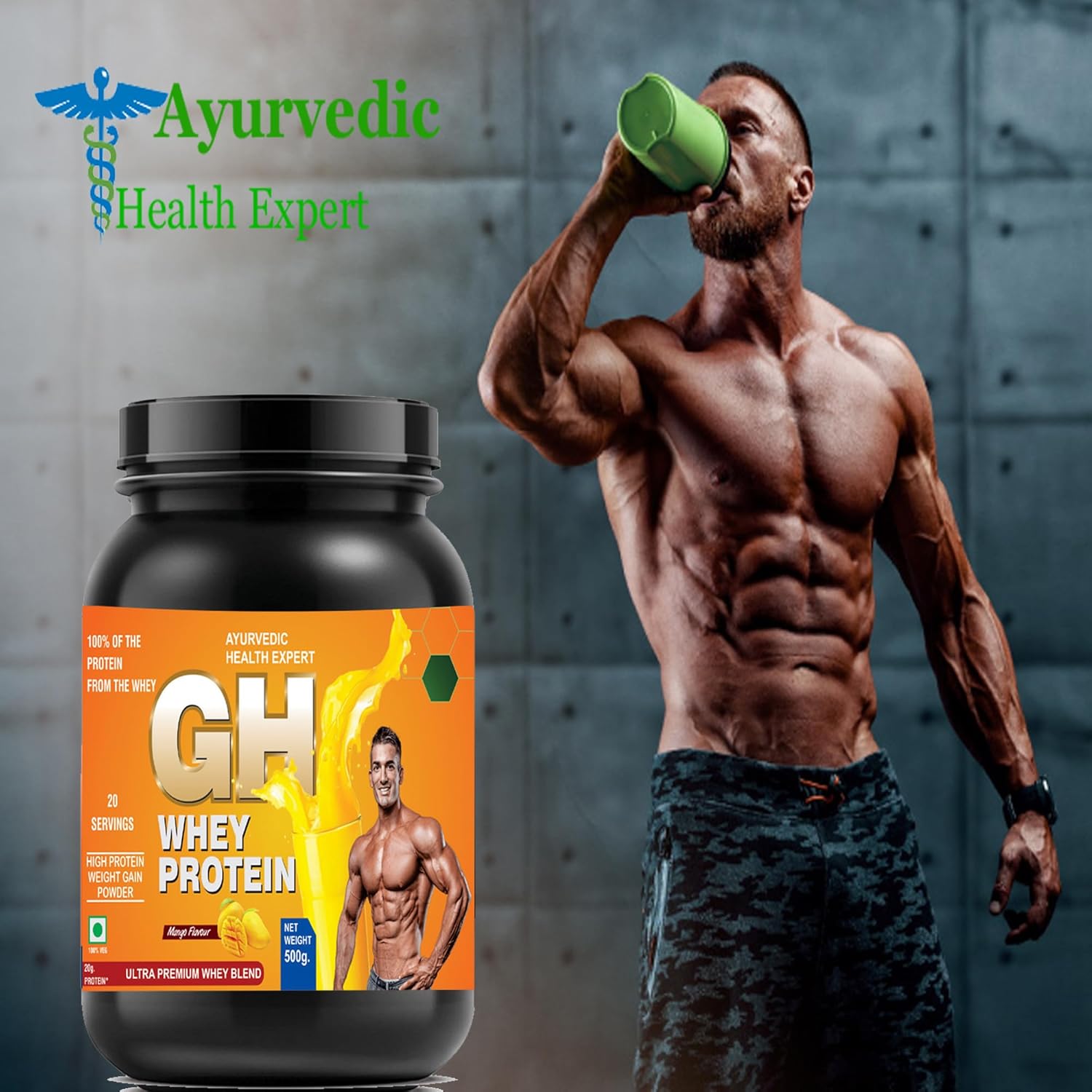 AYURVEDIC GH WHEY Protein Powder for Lean Muscle Growth and Recovery - Mango Flavor (1.1lbs)