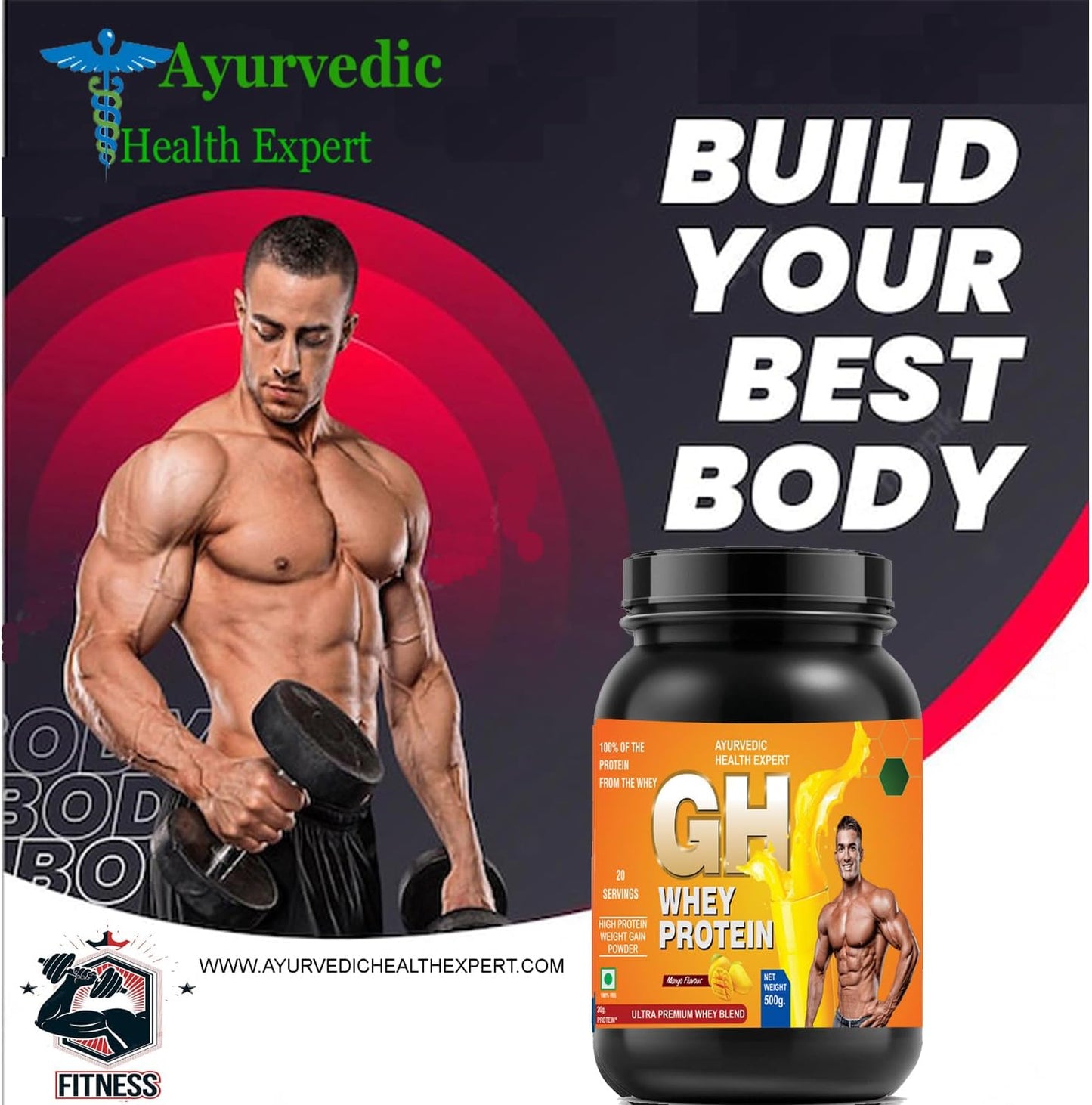 AYURVEDIC GH WHEY Protein Powder for Lean Muscle Growth and Recovery - Mango Flavor (1.1lbs)