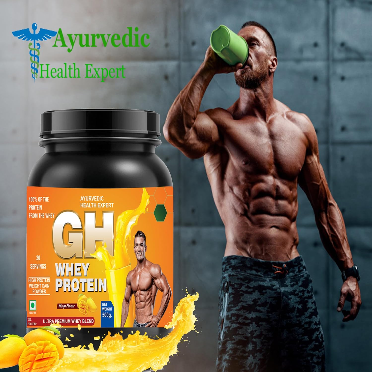 Ayurvedic GH Whey Protein Powder for Muscle Building and Weight Gain - 500g Mango Flavor