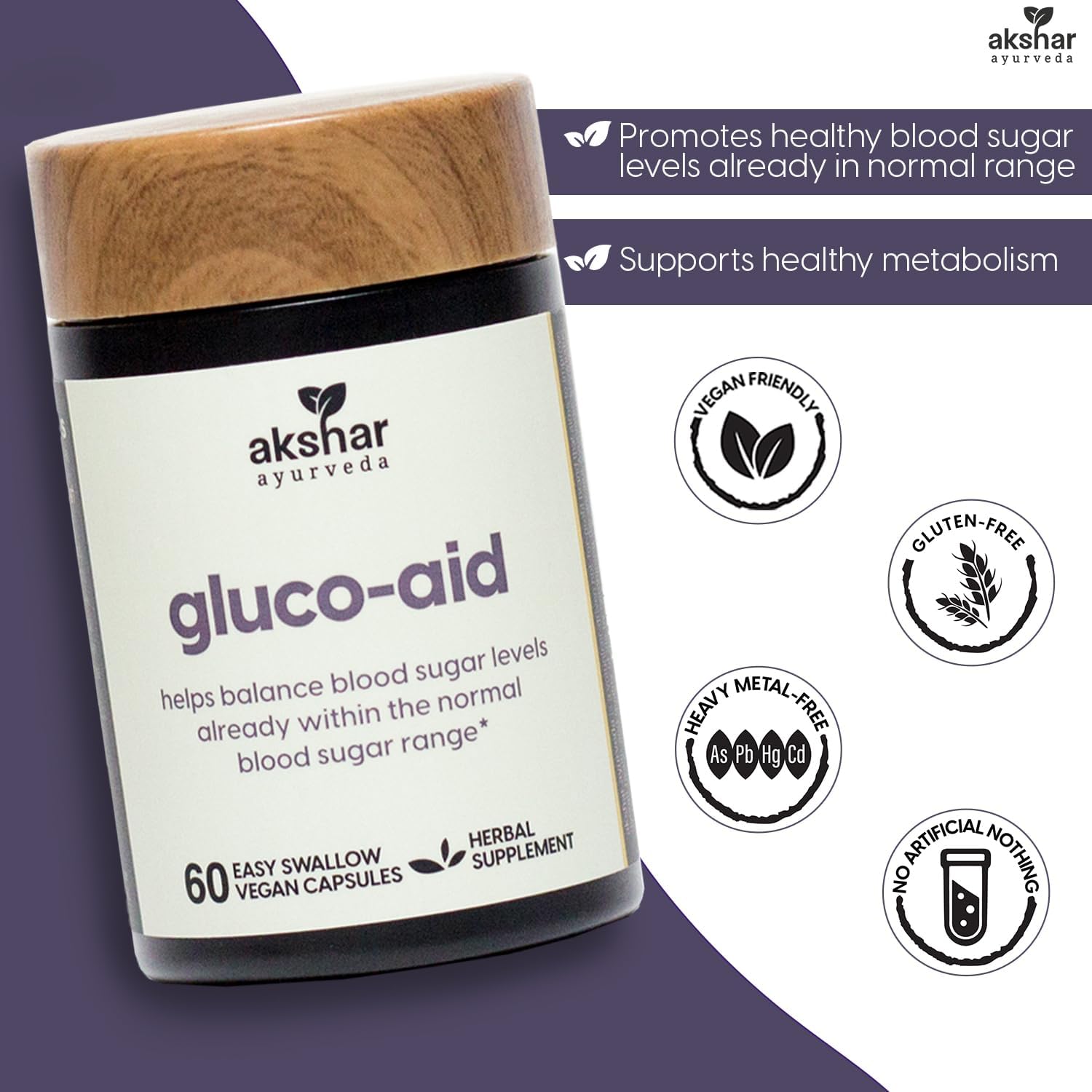 Ayurvedic Gluco Support Supplement with Gymnema, Bitter Melon & Turmeric - 60 Capsules