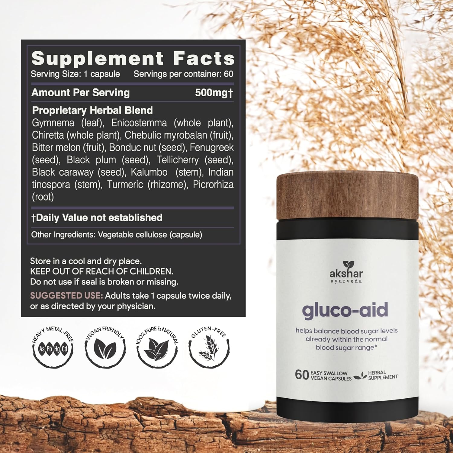 Ayurvedic Gluco Support Supplement with Gymnema, Bitter Melon & Turmeric - 60 Capsules