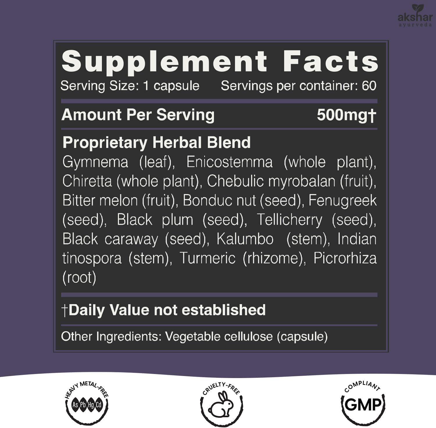 Ayurvedic Gluco Support Supplement with Gymnema, Bitter Melon & Turmeric - 60 Capsules