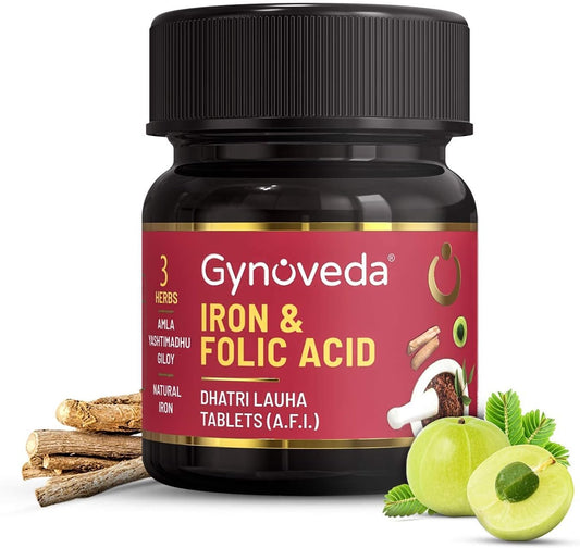 Ayurvedic Iron Folic Acid Supplement for Anemia & Pregnancy - Uxa Gynoveda Blood Builder with Calcium, B9, B12, Vitamin C - 60 Tablets