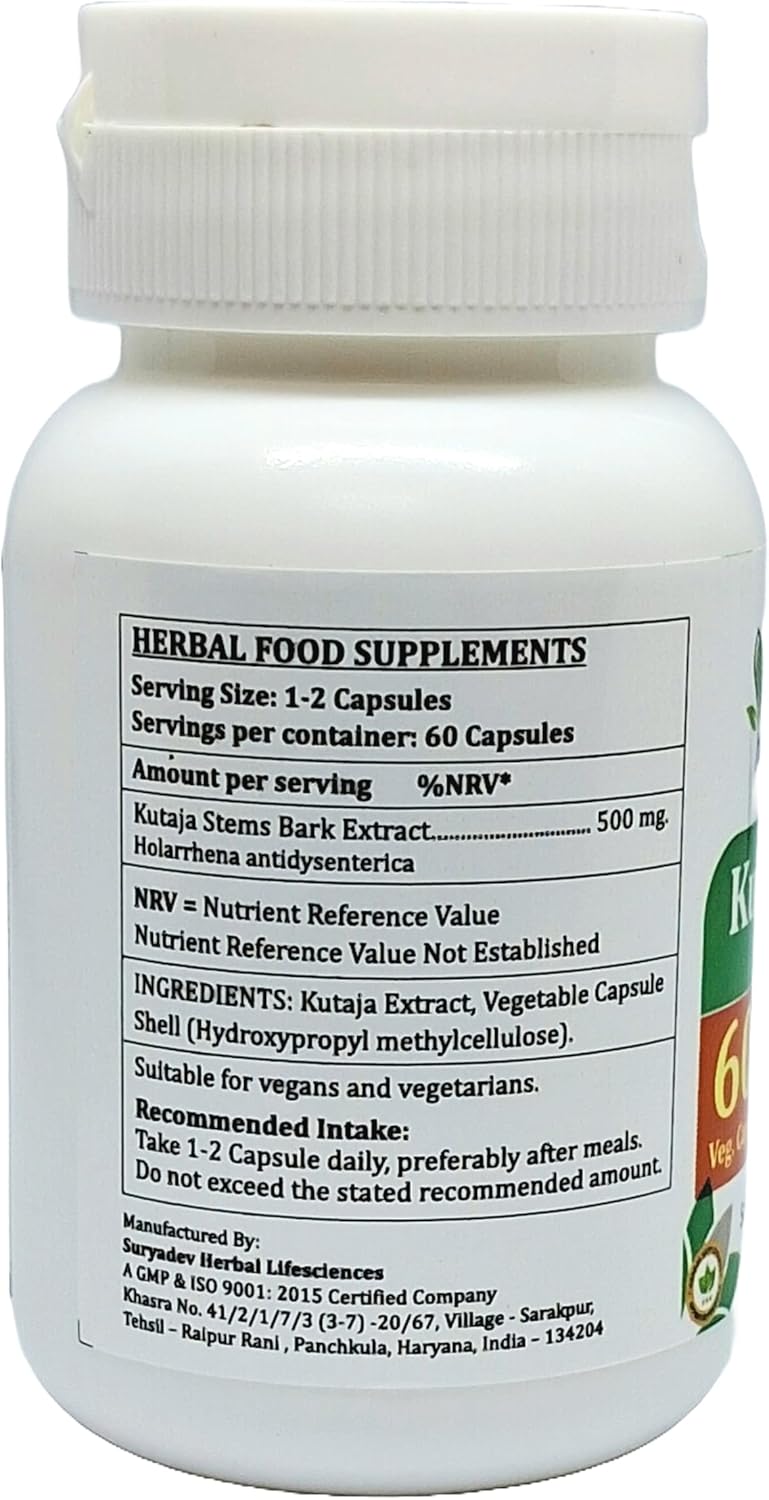 Ayurvedic Kutaja Forte Capsules 500mg - 240 Capsules for Men and Women - Holarrhena Antidysenterica Extract - Herbal Remedy Supplement