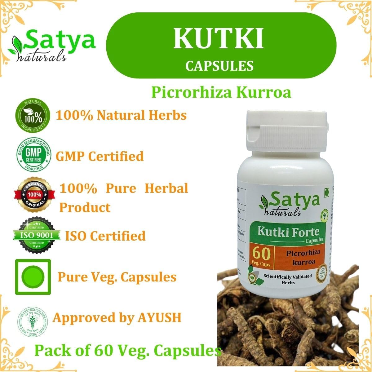 Ayurvedic Kutki Forte Capsules 500mg - Herbal Supplement for Men and Women - Satya Naturals (60 Veg Capsules)