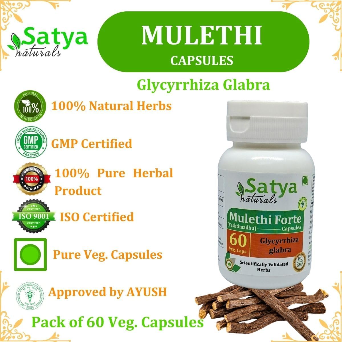Ayurvedic Mulethi Forte Capsules 500mg | 60 Vegetarian Capsules | Yasthimadhu Extract for Men & Women | Herbal Supplement (1 Bottle)