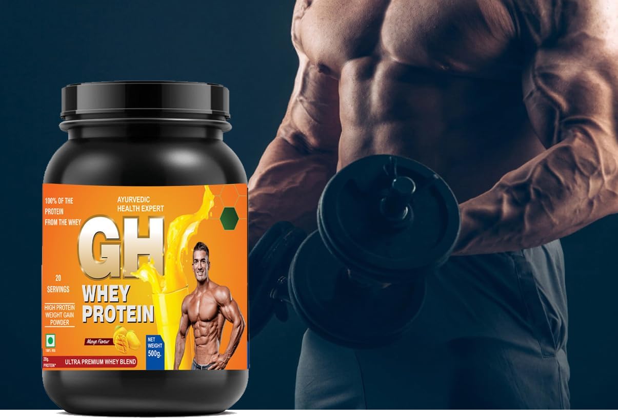 AYURVEDIC Muscle Mass Gainer Whey Protein Powder for Improved Strength and Recovery - Mango Flavour 500Gm