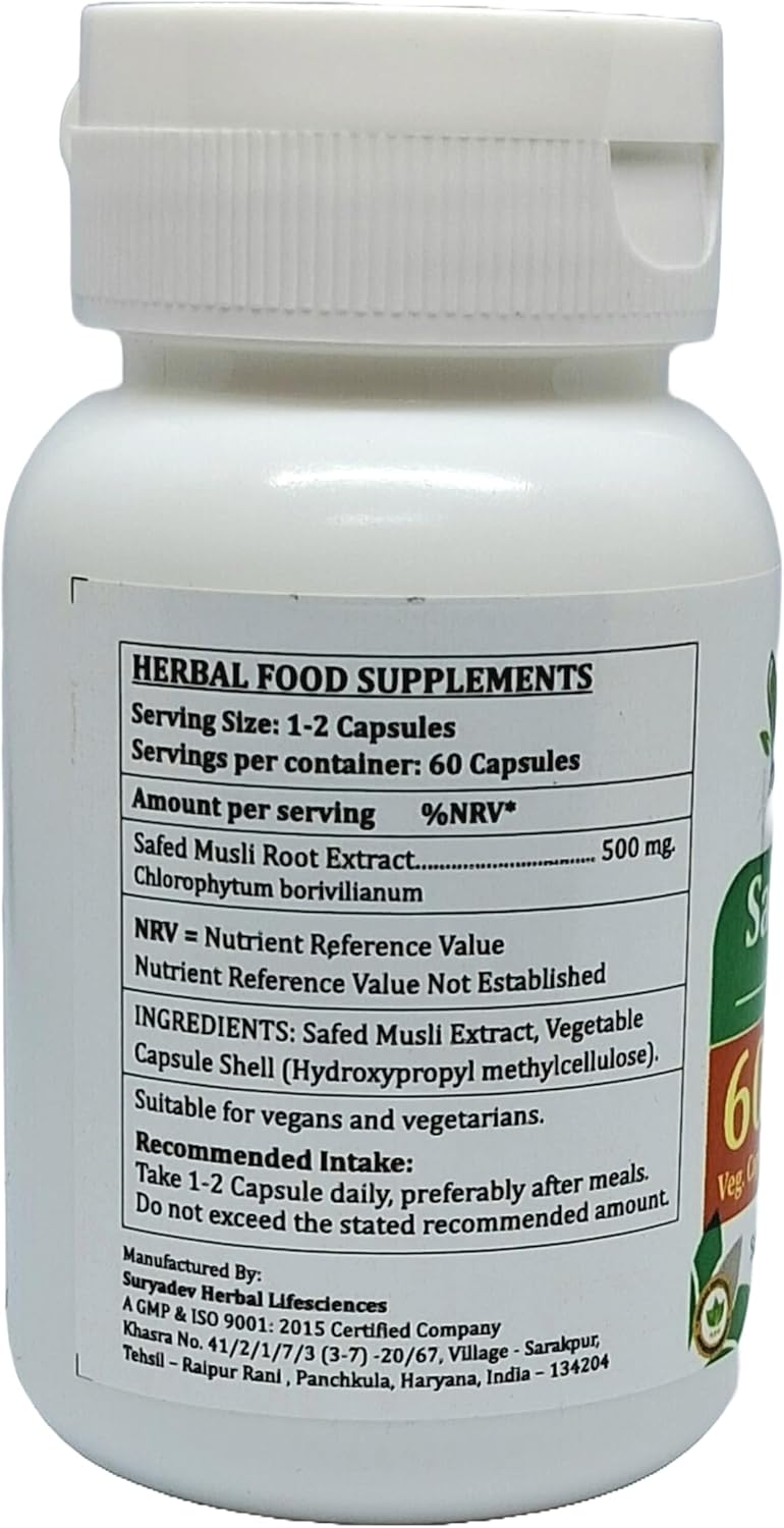 Ayurvedic Safed Musli Forte Capsules 500 mg | Natural Herbal Supplement for Men and Women | 60 Veg Capsules | Chlorophytum Arundinaceum Extract