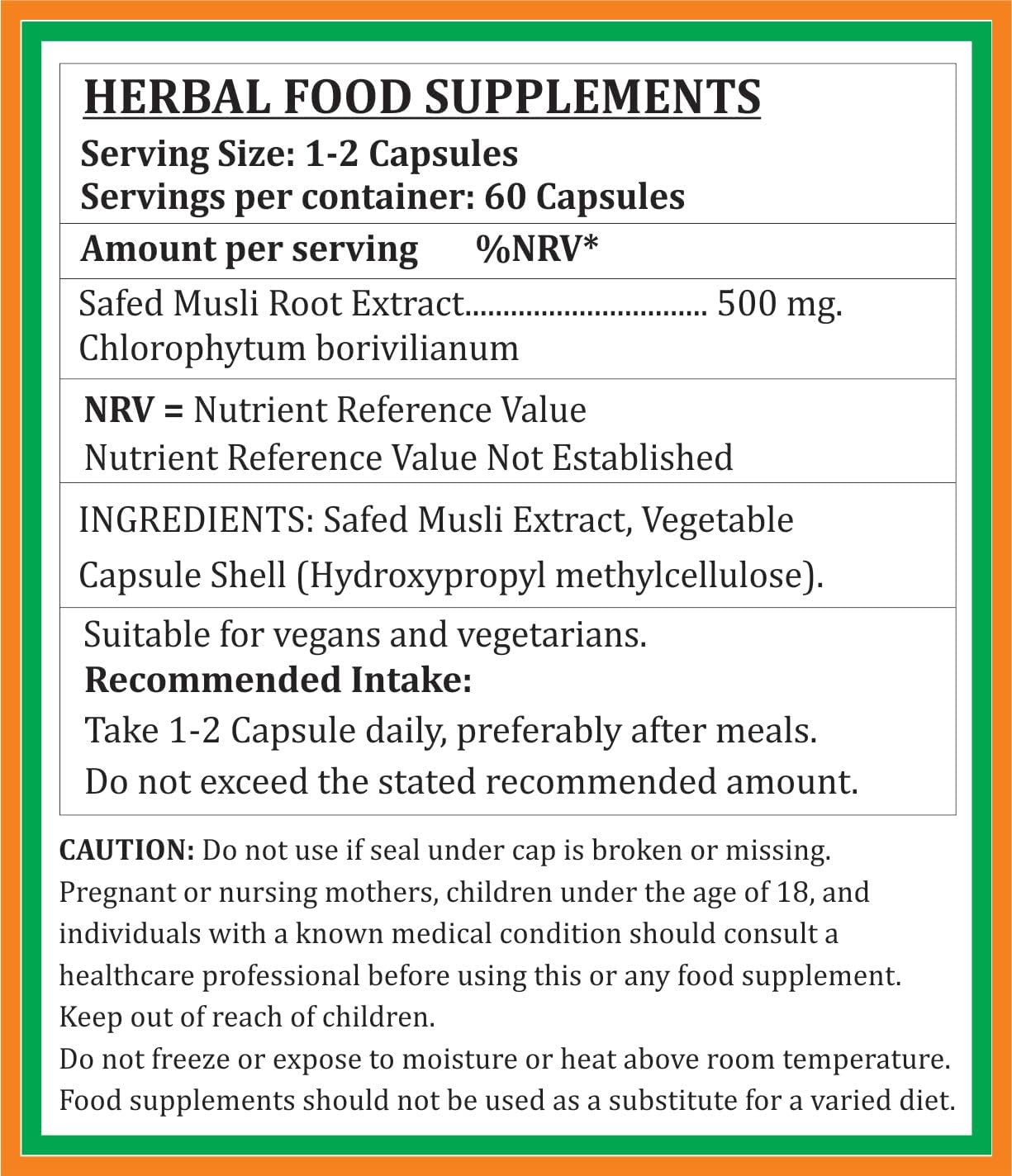 Ayurvedic Safed Musli Forte Capsules 500 mg | Natural Herbal Supplement for Men and Women | 60 Veg Capsules | Chlorophytum Arundinaceum Extract