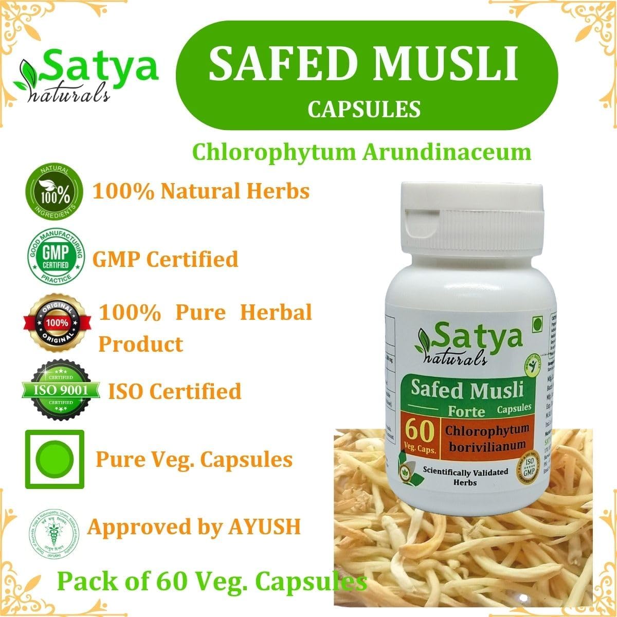 Ayurvedic Safed Musli Forte Capsules 500 mg | Natural Herbal Supplement for Men and Women | 60 Veg Capsules | Chlorophytum Arundinaceum Extract