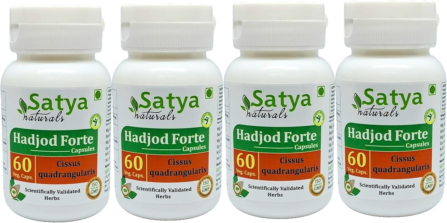 Ayurvedic Satya Naturals Hadjod Forte Capsules 500 mg - 4 Bottles of 60 Veg Capsules - Cissus Quadrangularis Herbal Supplement for Men and Women