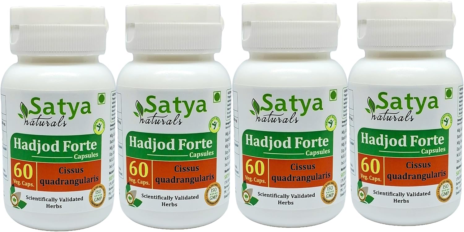 Ayurvedic Satya Naturals Hadjod Forte Capsules 500 mg - 4 Bottles of 60 Veg Capsules - Cissus Quadrangularis Herbal Supplement for Men and Women
