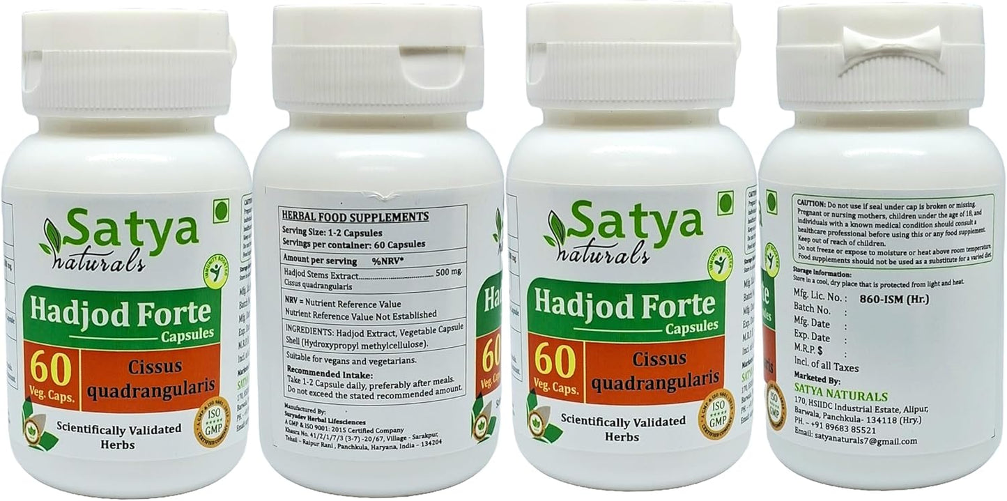 Ayurvedic Satya Naturals Hadjod Forte Capsules 500 mg - 4 Bottles of 60 Veg Capsules - Cissus Quadrangularis Herbal Supplement for Men and Women