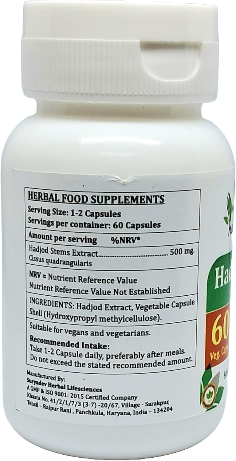 Ayurvedic Satya Naturals Hadjod Forte Capsules 500 mg - 4 Bottles of 60 Veg Capsules - Cissus Quadrangularis Herbal Supplement for Men and Women