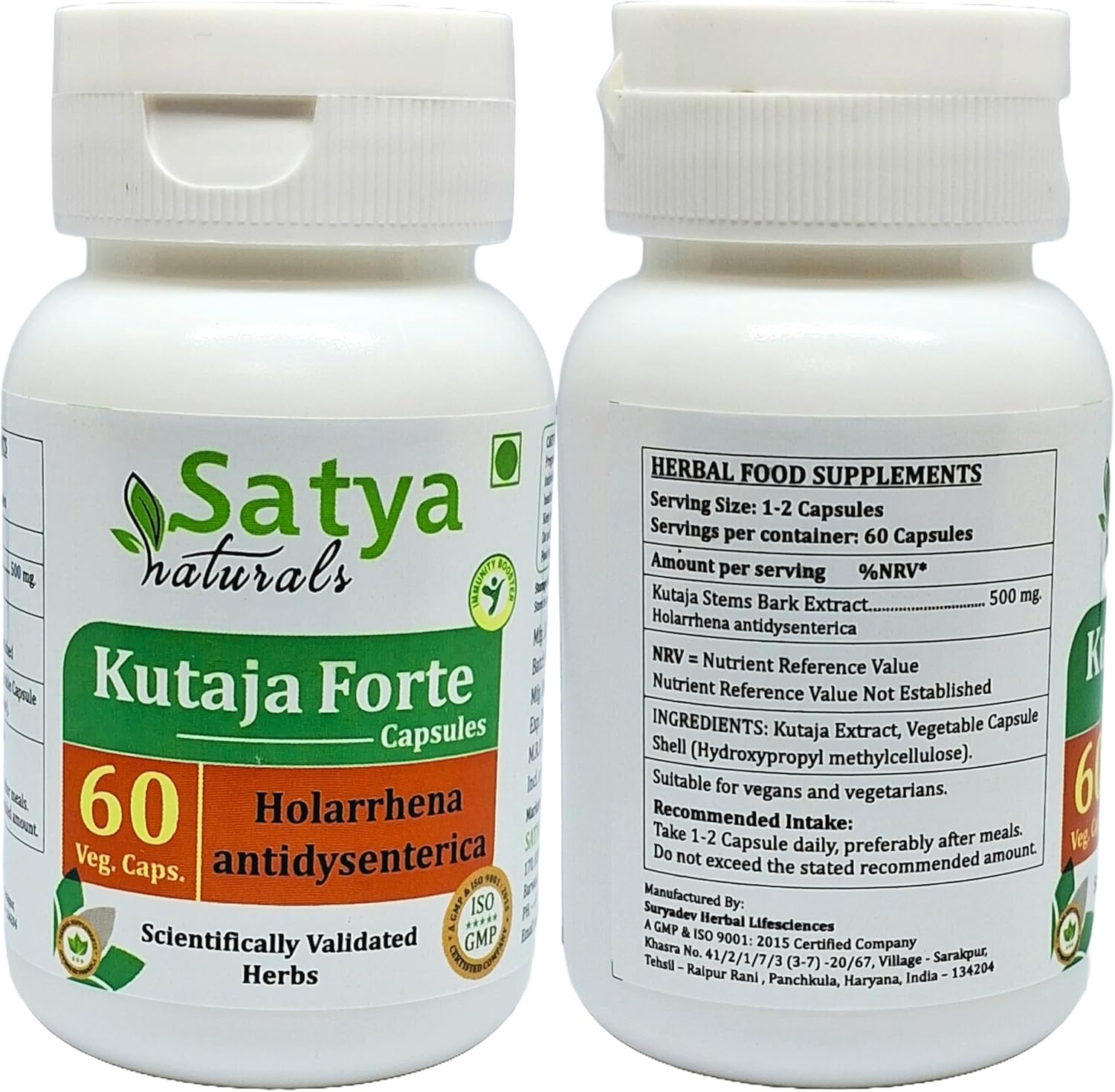 Ayurvedic Satya Naturals Kutaja Forte Capsules 500mg - Holarrhena Antidysenterica Extract for Men & Women - Herbal Supplement - 10:1 Forte - 2 Bottles of 60 Capsules