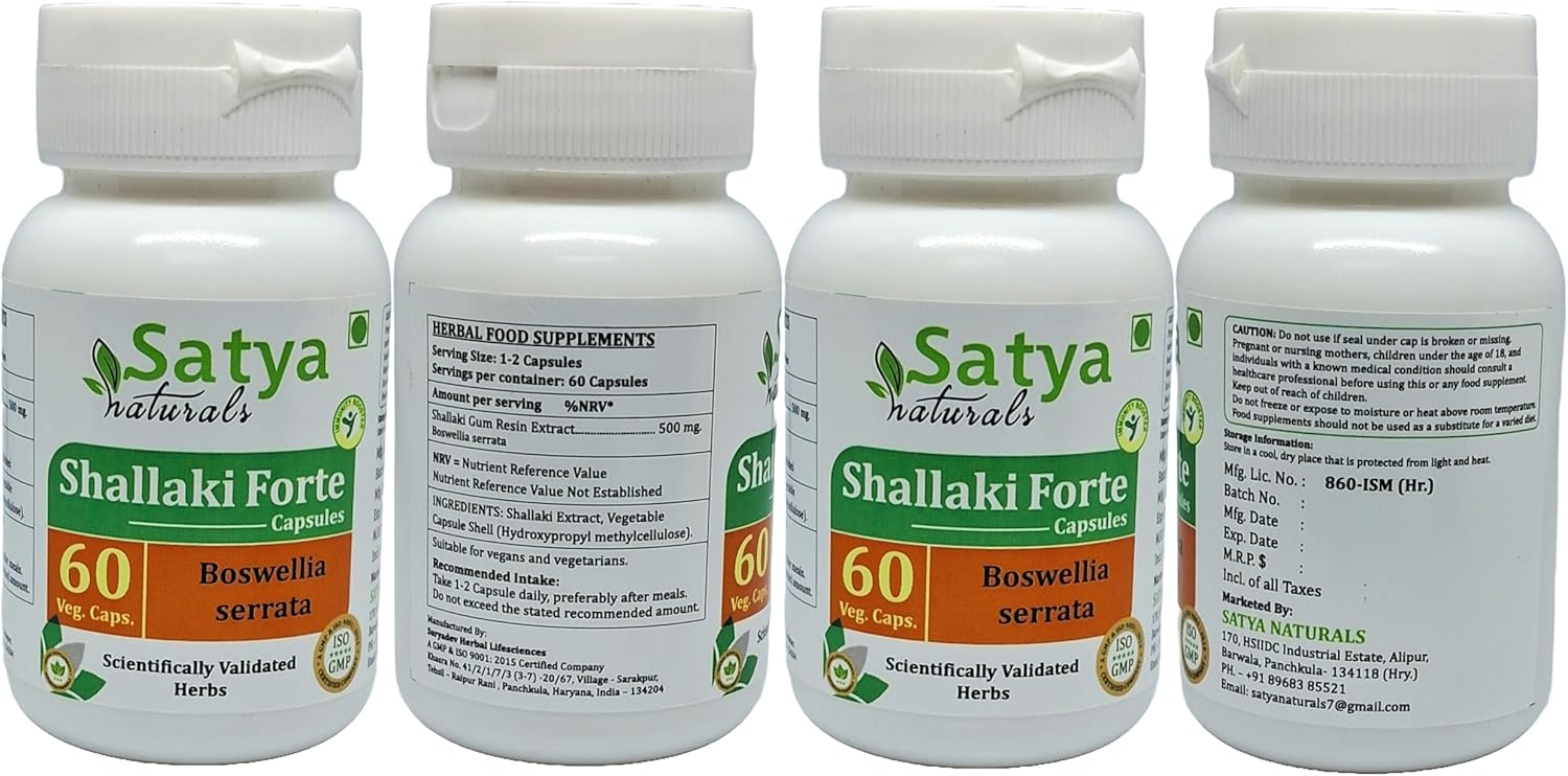 Ayurvedic Shallaki Forte Capsules 500mg - Boswellia Serrata Extract for Men and Women - Herbal Supplement/Remedies - 4 Bottles of 60 Veg Capsules