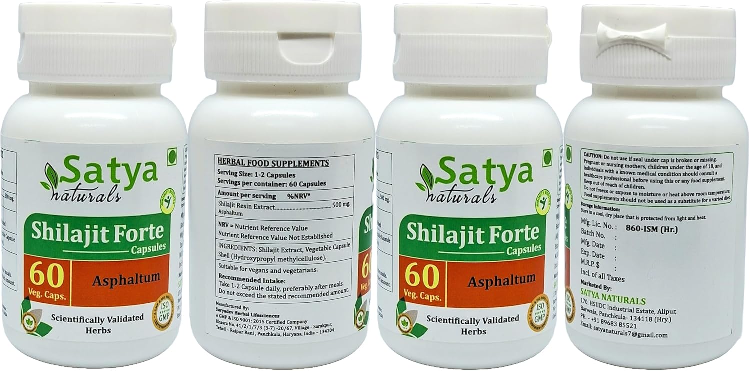 Ayurvedic Shilajit Forte Capsules 500mg - 240 Capsules for Men and Women - Herbal Supplement - Satya Naturals