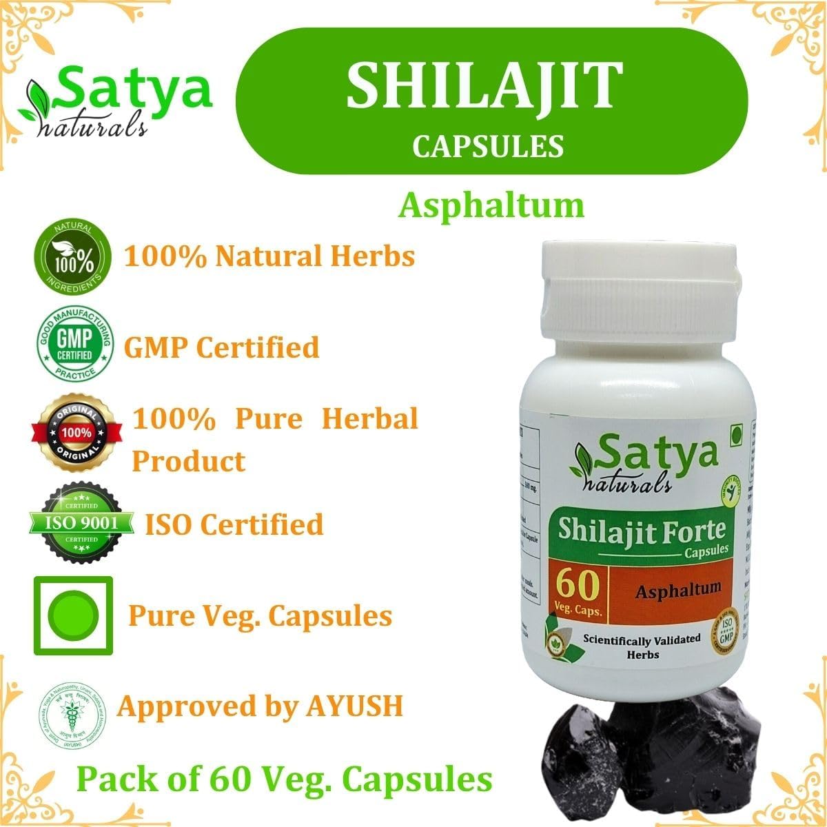 Ayurvedic Shilajit Forte Capsules 500mg - 240 Capsules for Men and Women - Herbal Supplement - Satya Naturals