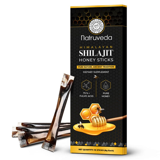 Ayurvedic Shilajit Infused Honey Sticks with Himalayan Shilajit Resin and Kashmiri Saffron - 10 Portable Sticks by Natruveda - USA Seller