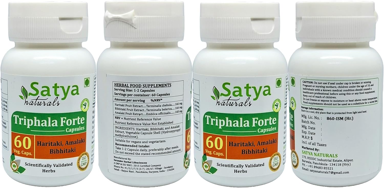 Ayurvedic Triphala Forte Capsules 500mg | Amalaki, Haritaki, Bibhitaki Extract | Herbal Supplement for Men and Women | 240 Capsules in 4 Bottles