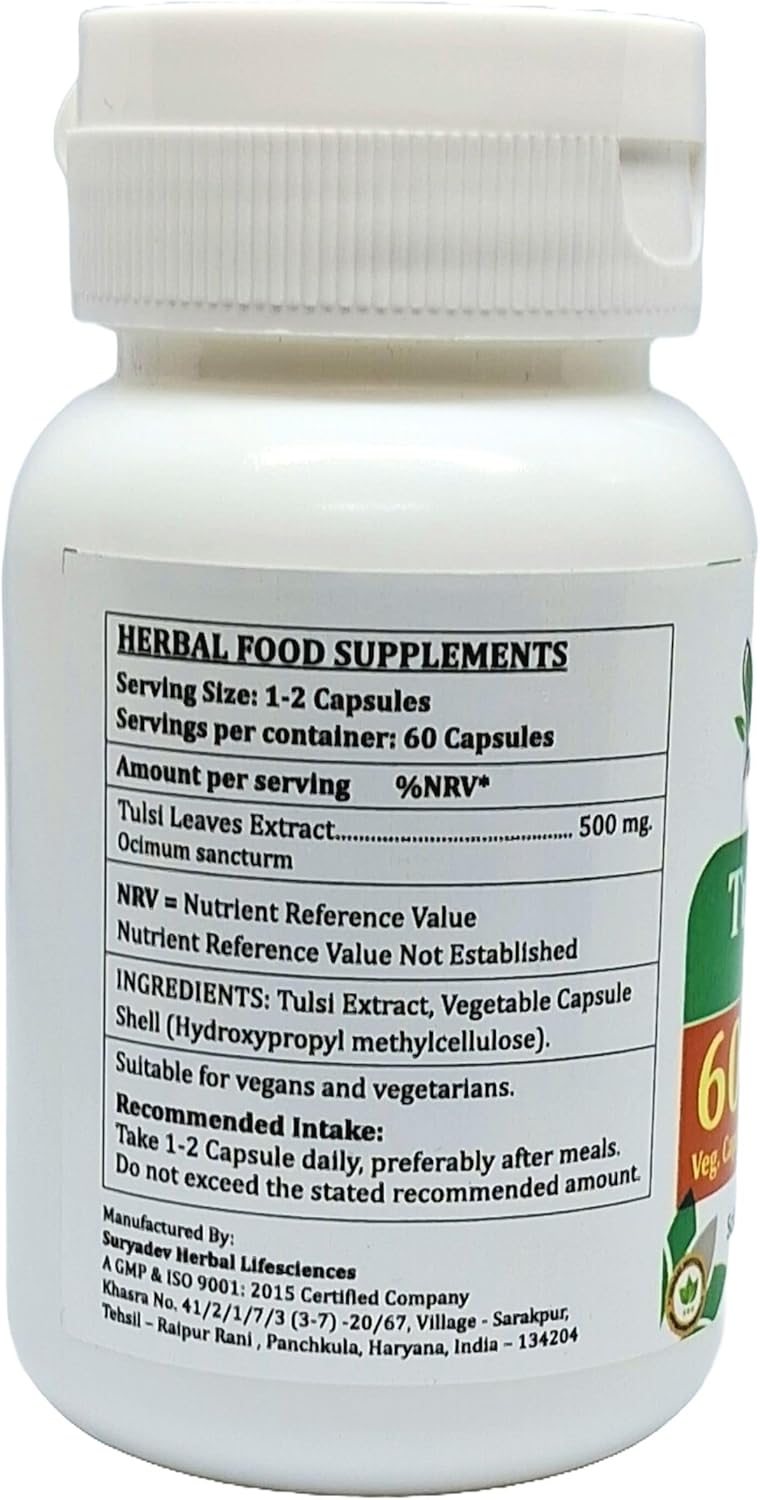 Ayurvedic Tulsi Forte Capsules 500mg | Organic Basil Extract for Men and Women | Herbal Supplement 10:1 Forte | 60 Veg Capsules