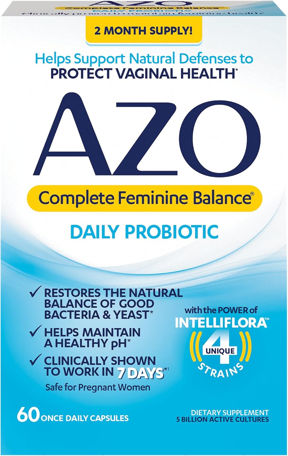 AZO Complete Feminine Balance Daily Probiotics - Supports Vaginal Health, pH Balance, Yeast Protection - Non-GMO, 60ct