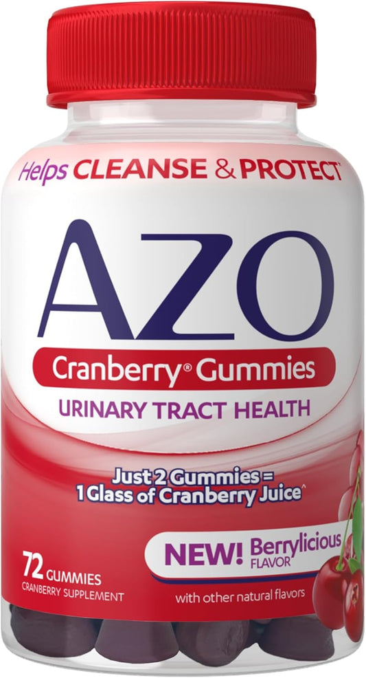 AZO Cranberry Urinary Tract Health Gummies - Natural Berry Flavor, Non-GMO, 72 Count - Equivalent to 36 Glasses of Cranberry Juice - Cleanses & Protects